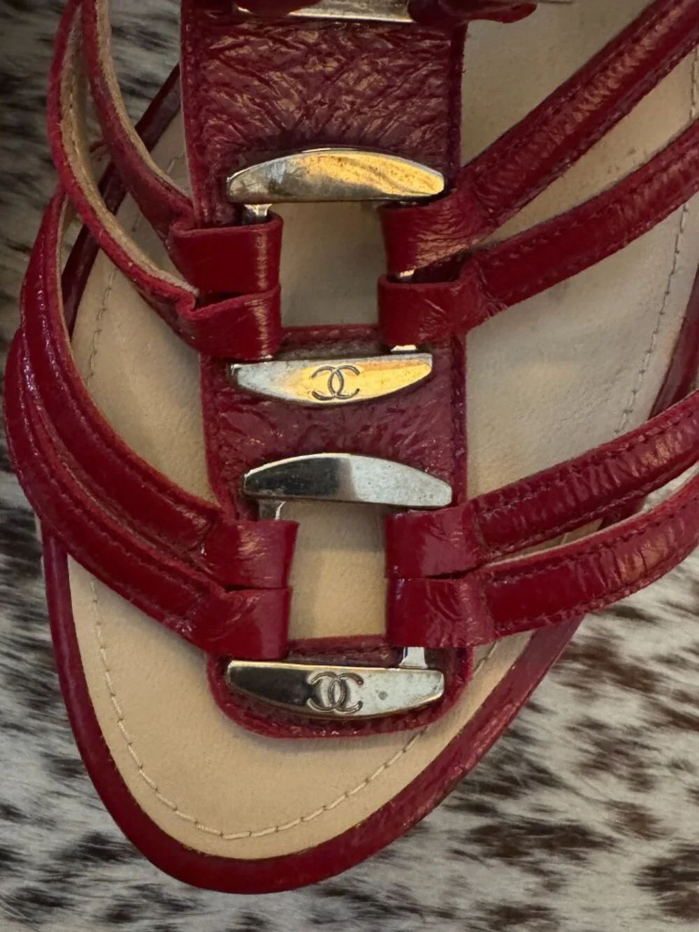 Chanel Red Patent Leather Cork Platform Wedge Gladiator Sandals 37
